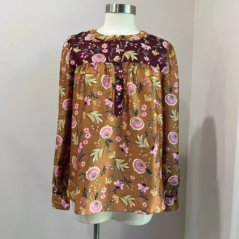 LOFT Fall Floral Blouse Long Sleeve Boho Harvest Print Top Size S - Picture 2 of 11